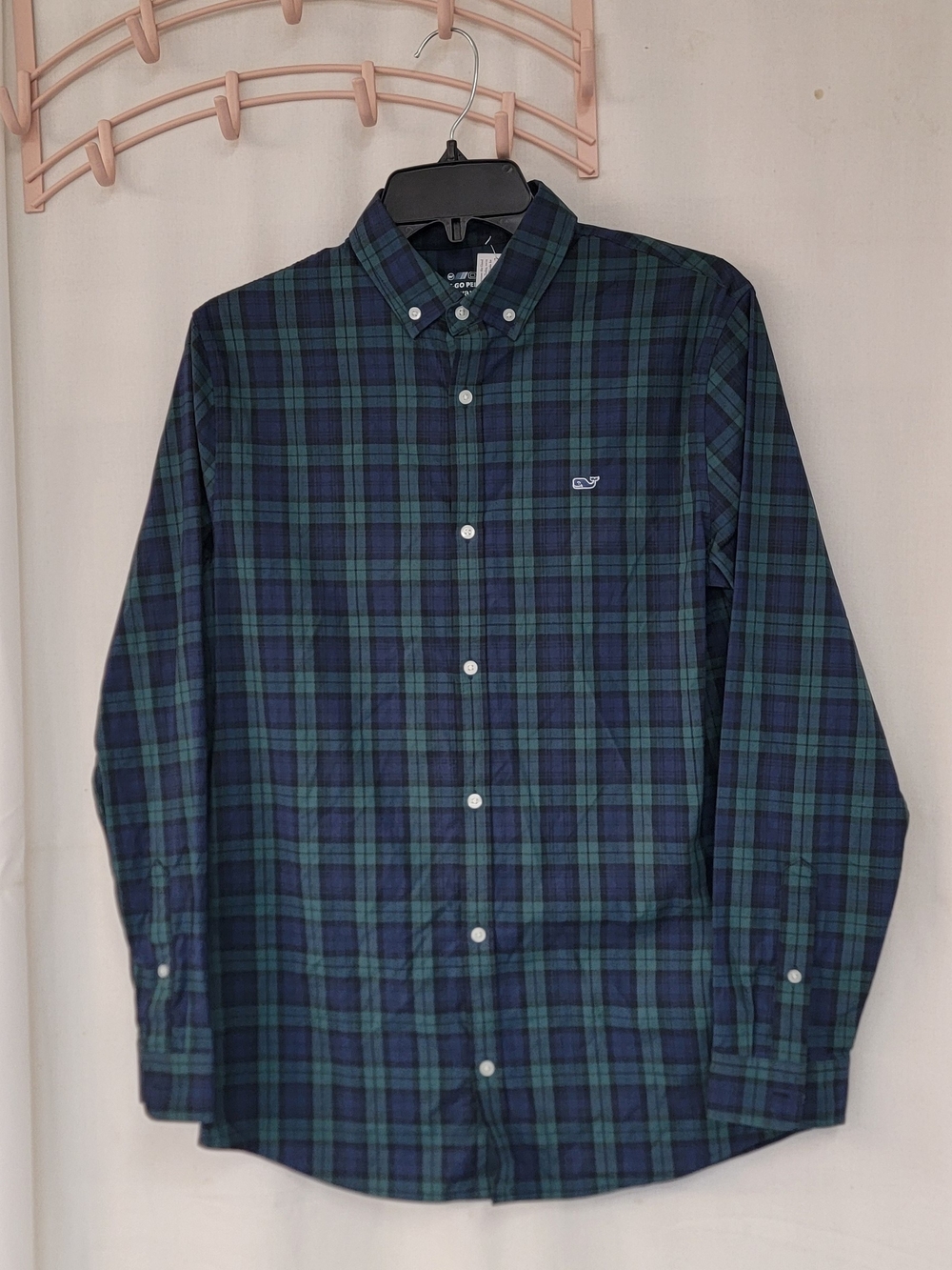 Vineyard Vines Navy and Green Plaid Button-Down Shirt